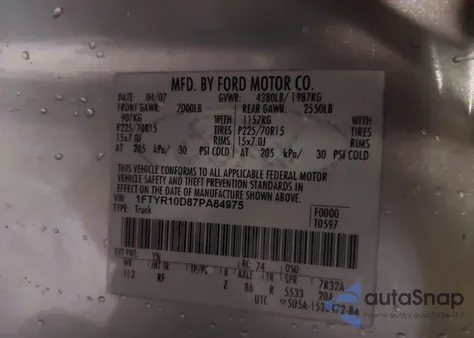 2007 Ford Ranger Stx/Xl/Xlt z USA, uszkodzony, nr VIN 1FTYR10D87PA84975